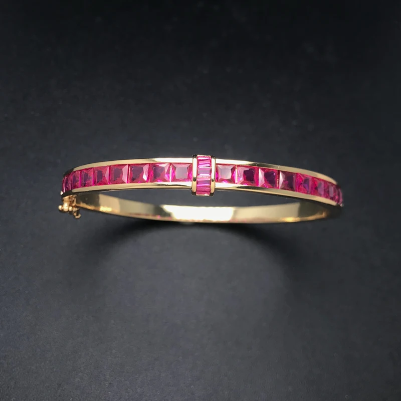 Elegant Ruby Bangle Created Red Corundum Gemstone Bracelet Yellow Gold for Women Lady Party Birthday Trendy Jewelry Gift