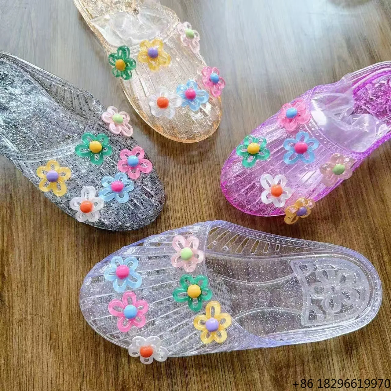 3D Flower Decor Transparent Closed Toe Slip On Summer Beach Women Slippers