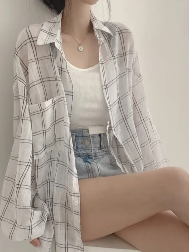 

Chic Summer Lazy Sle Loose Lightweight Long Sve Plaid Sun Protection irt Coat Women's Faion Casual Busin Office