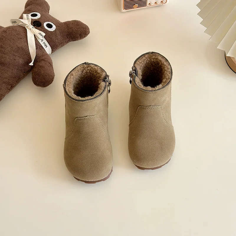 2024 Winter New Children\'s Genuine Leather Boots Girls\' Cotton Shoes Korean Matte Boys\' Short Boots Fashion Leopard Pattern
