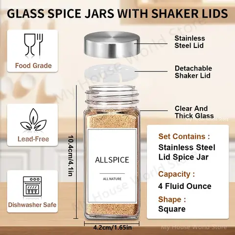 Kryddburkar i glas med kryddbehållare i rostfritt stål, salt- och pepparkar, kryddorganisatör, biologiskt nedbrytbar kryddburkset 8 best sales kryddset - №6