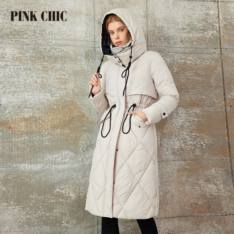 PINK CHIC 2023 New Winter Coat Women Down Jackets High Quality Rhombic Warm Lace up Hooded Long version Female Parka W6553