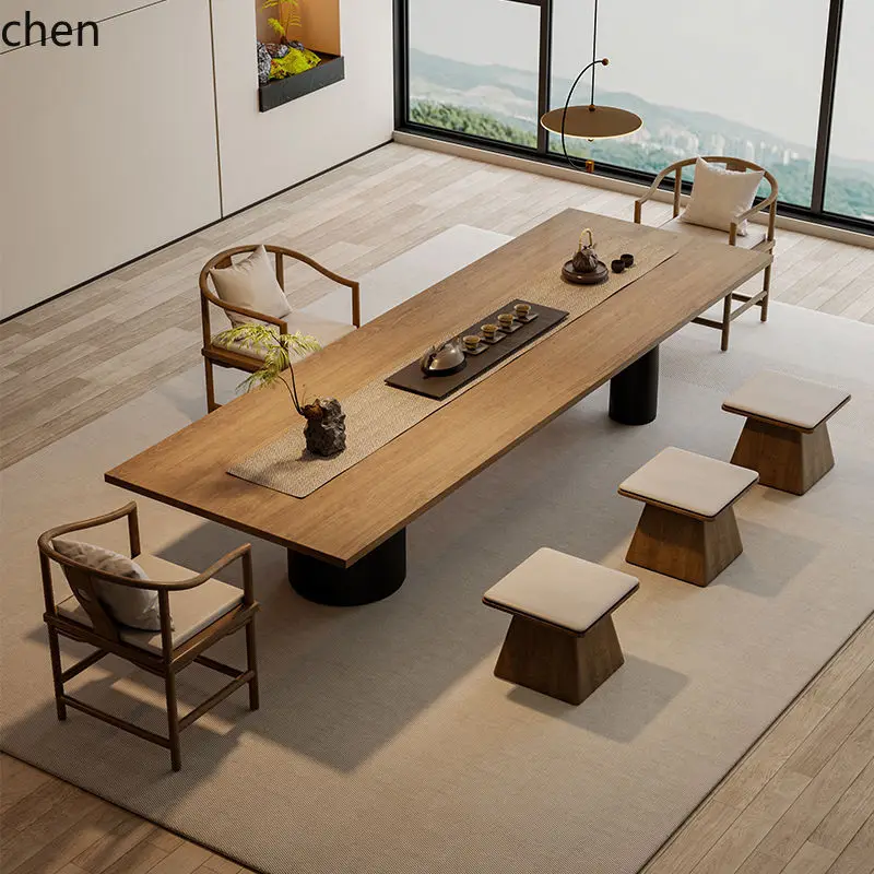 Solid Wood Board Tea Table and Chair Set Vintage Style Tea Table Black Kung Fu Tea Brewing Table for Living Room Home Use