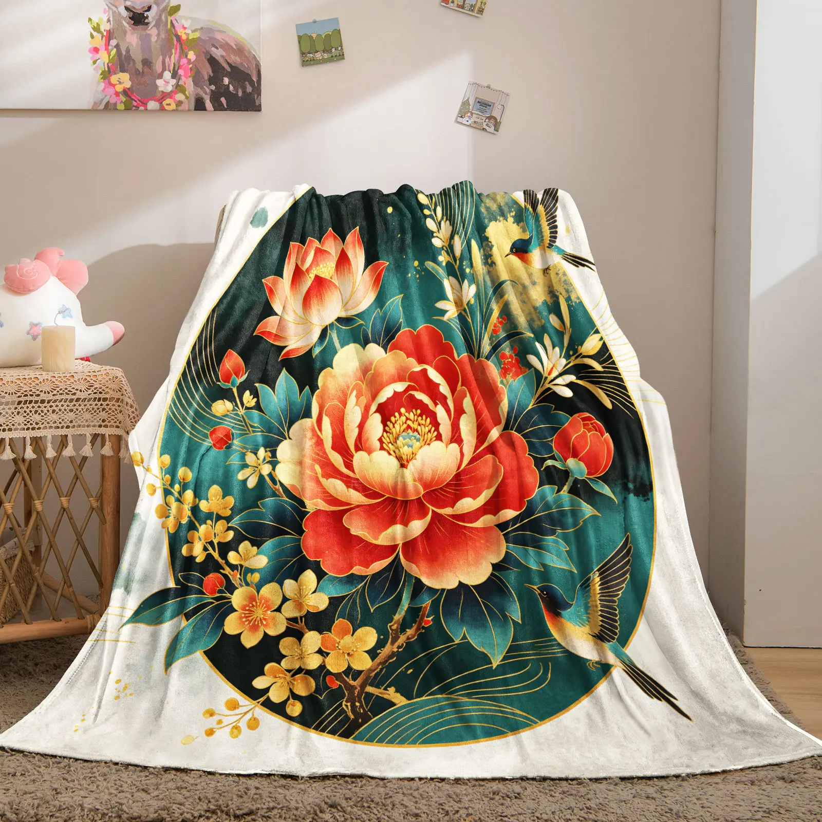 Oriental Floral Fleece Throw Blanket Vintage Chinese Peony Lotus Swallow Bird Art Print Soft Microfiber Plush Blanket Sofa Bed