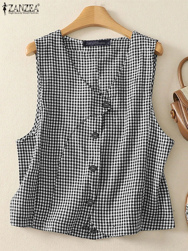 ZANZEA Damen-Sommer-Tanktops mit Gingham-Motiv, stilvoll, asymmetrisch, mit Knöpfen vorne, V-Ausschnitt, Westen, lässig, Pendeln, ärmellose Oberteile