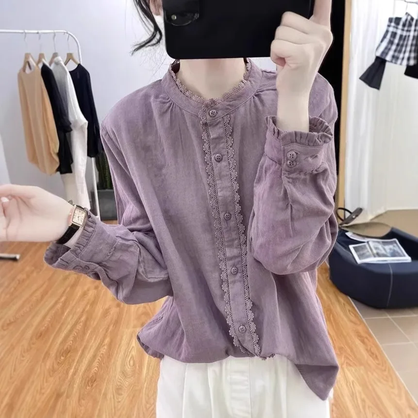 Women's Lace-Trimmed Blouse, Stand Collar Long-Sleeve Button-Down Shirt with Lace Details, Casual Vintage-Inspired Top