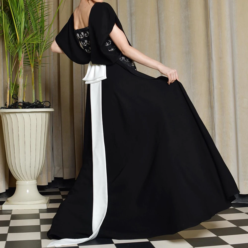 Customized Tulle Straight Cap Sleeve Crystal Evening Dress Square Neck Short Sleeves Floor Length Panel Train Temperament