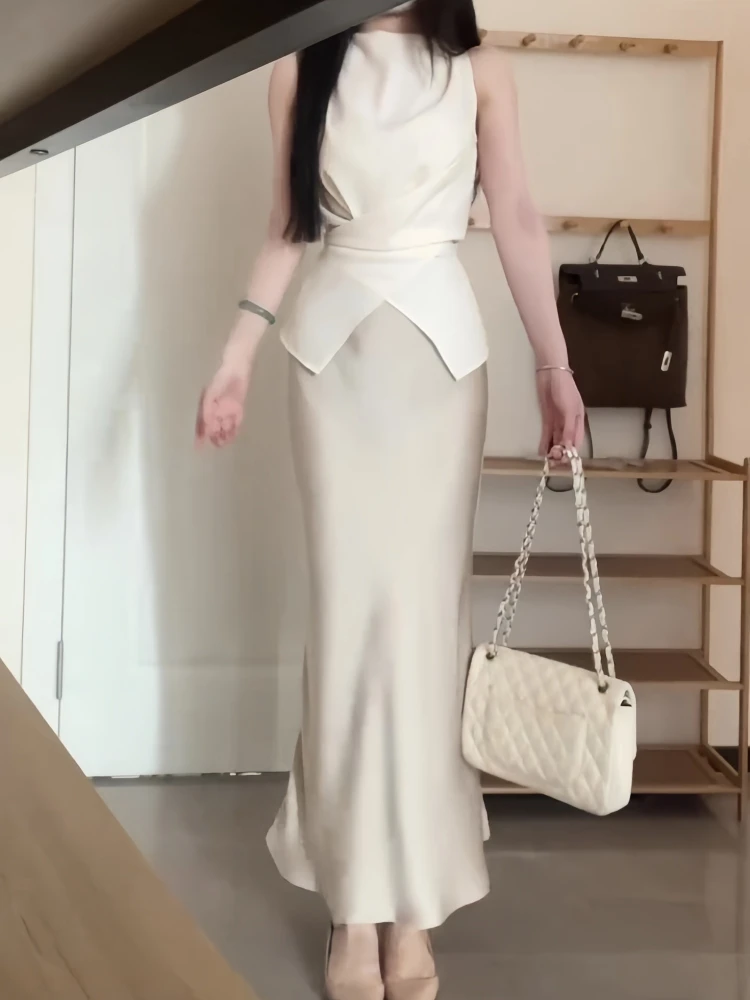 Summer 2026 Korean Style Gold Secretary Cross Waist Sleeveless Satin Fish Tail Bodycon Skirt Two Piece Set for Women 18-25 Ye...