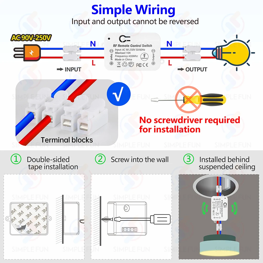 433MHz Wireless Remote Control Light Switch 110V 220V 10A Relay Module,500 Meters Wide Range 4-in-1 Transmitter,for Led Lamp Fan