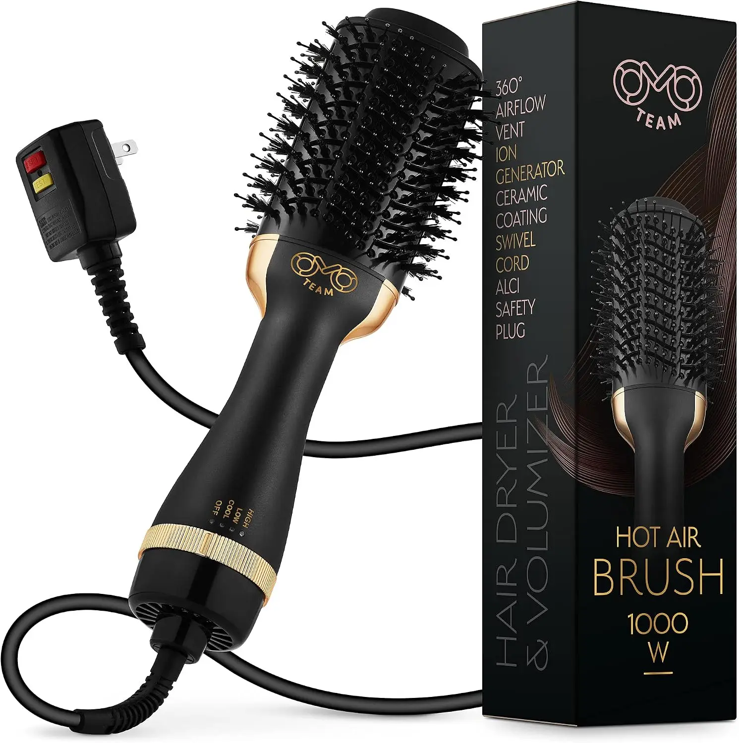 Blowout Hair Dryer Brush Professional Black Gold Dryer Volumizer Hot Air Brush Women 75MM Oval Shape