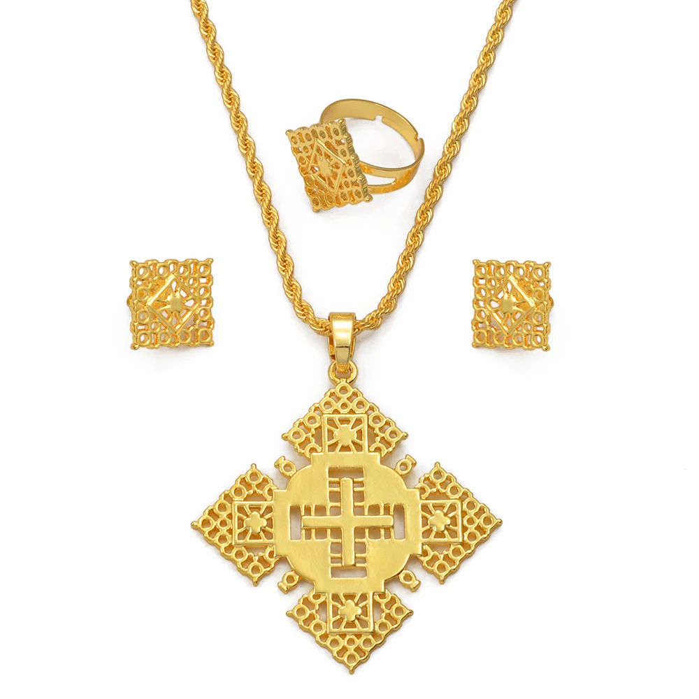 NEW Ethiopian Eritrean Religion Jewelry Sets Pendant Necklaces Earrings Rings for Mama Women African Maskal Faseka #341506