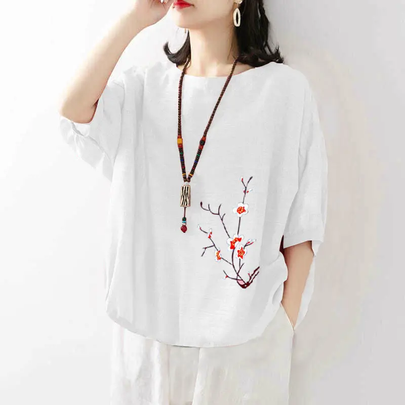 Women Summer Simplicity Loose Elegant Printing Cotton and Linen O-neck Short Sleeve T-Shirt Women Clothes Casual All-match Tops