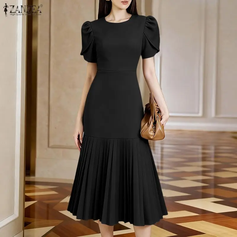 Stilvolle Damen OL Arbeitskleider ZANZEA 2026 Sommer-Sommerkleid Elegantes Kurzes Blütenblatt-Ärmel Einfarbiges Plissiertes Kleid Party-Vestidos