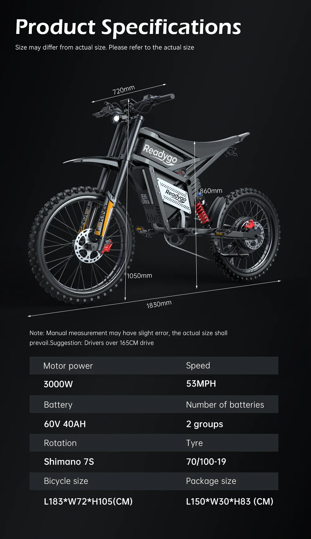 Readygo EKXBIKE E6 Ultra Adult Off-Road Ebike 3000W Brushless Motor 60V 30AH Lithium Battery Electric Bicycle 85Km/h view 6