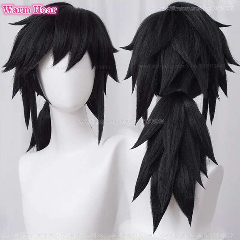 Anime Tomioka Giyuu Synthetic Long 40cm Black Ponytail Shaggy Layered Styling Cosplay Anime Wig Heat Resistant Wigs Halloween