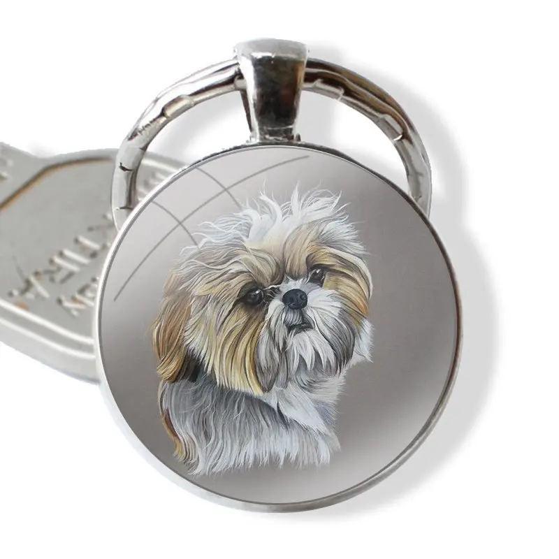 lovely Shih Tzu puppy dogs Glass Metal Pendant Key Chain Classic Men Women Key Ring Accessories Jewelry Gifts