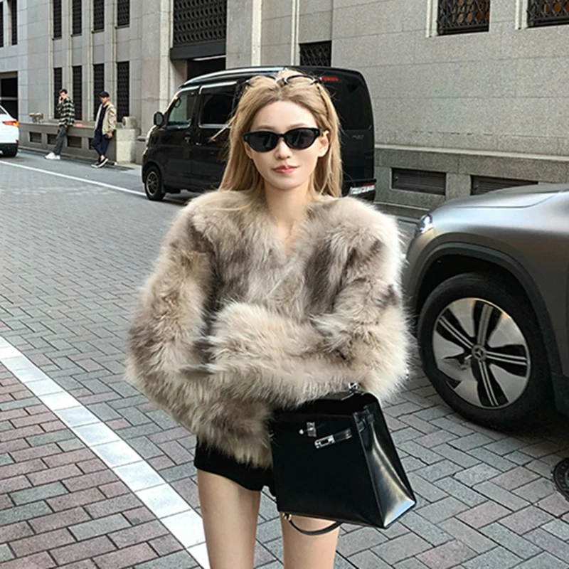 الكورية فو الثعلب الفراء سترة المرأة التدرج رقيق معطف الشتاء الدافئ موضة أنيقة الشارع عادية كسول اقتصاص أبلى