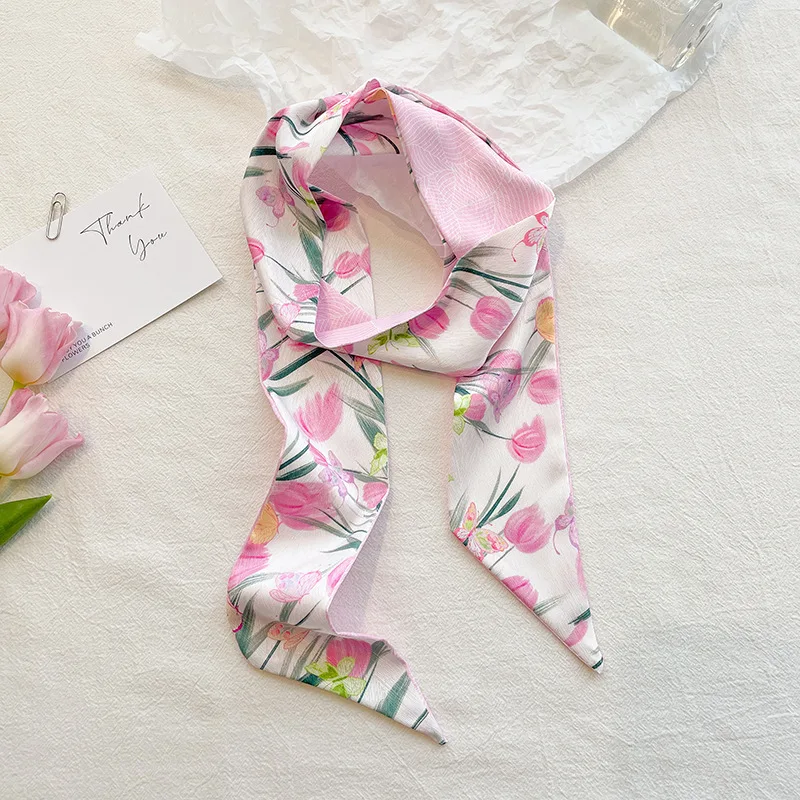 Rose Pink Long Strip Double-sided Small Silk Scarf Women's Headband Tied Hair Streamer Decorative Scarf