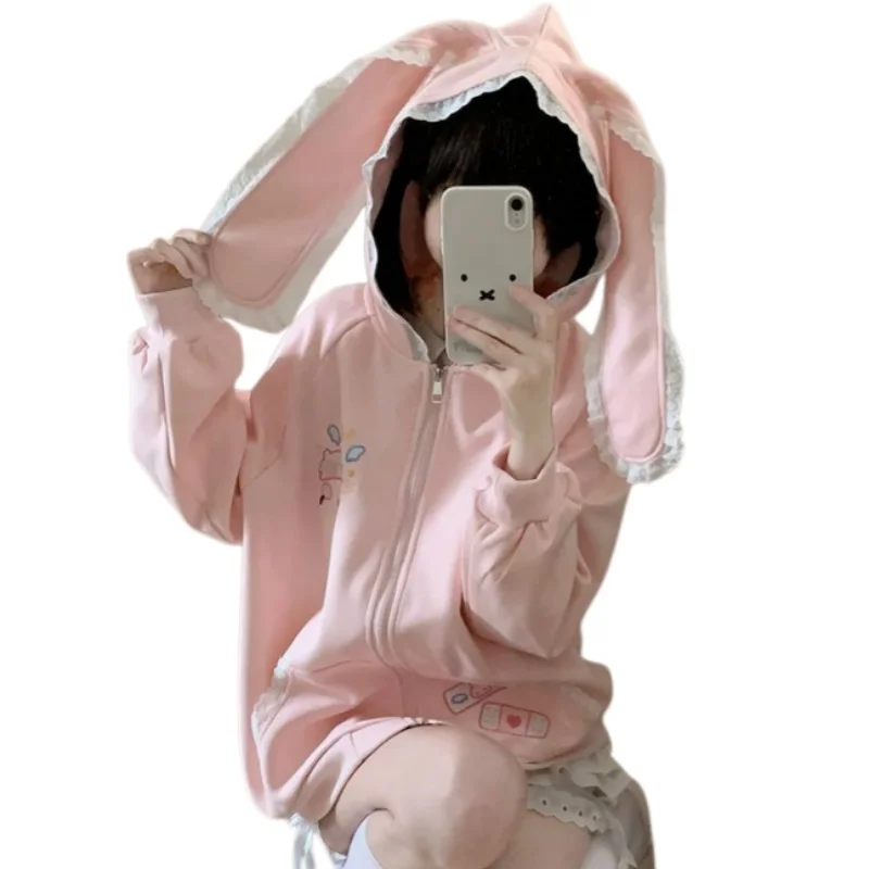 Cartoon Embroidery Rabbit Ears Hooded Coats Sweet Cute Japanese Style Kawaii Zipper Jackets Autumn Women Y2k Sweatshirts