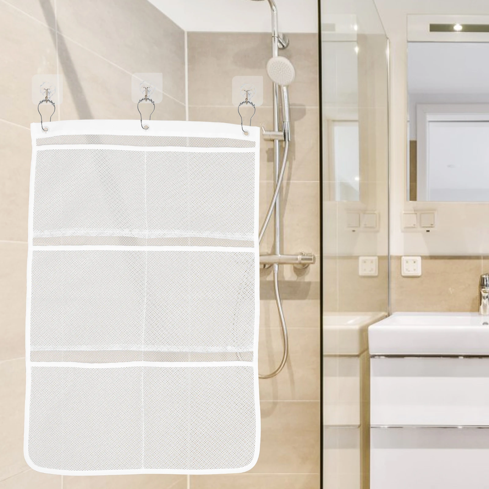 

Travel Shower Organizer 6 Pockets Seamless Hooks Hanging Bathroom Accessories Storage Bag Closet Door Mesh Holder (Random Color)