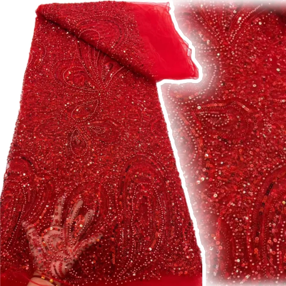 Nowa Modna Czerwona Koronka Wysokiej Jakości Siatka z Cekinami Haftowana Francuska Nigeryjska Koronka z Koralikami na Suknię Ślubną 5Y AH1396