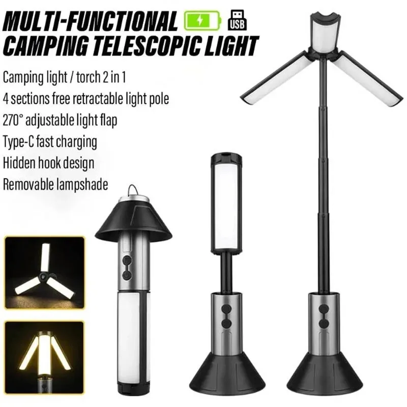 Folding Camping Light Powerful Flashlight Zoomable Lantern USB Rechargeable Camping Lantern Outdoor Tent Lamp with Stand Base