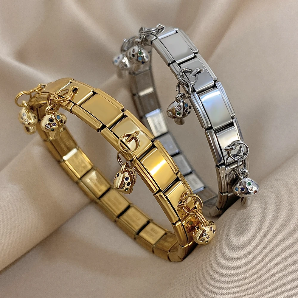 

Trendy Smooth Stainless Steel Strap Chain Bracelet for Women Golden Mushroom Pendant Elastic Charm Bracelet Italian Link Jewelry