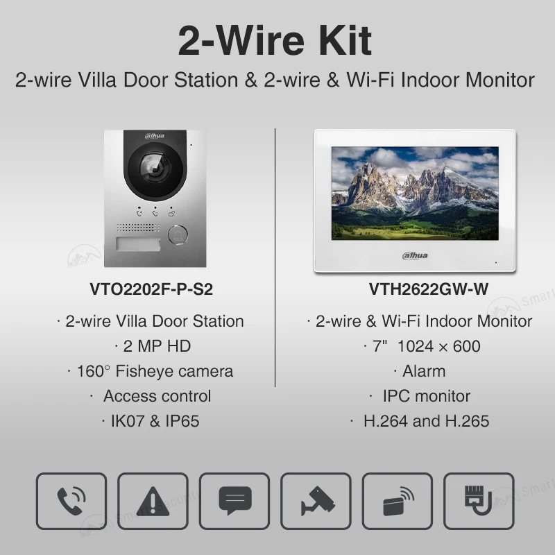 Dahua Original 2-Wire Video Intercom Kits Home Digital Doorbell Set 1080P Doorbell VTO2202F-P-S2 7" Indoor Monitor VTH2622GW-W