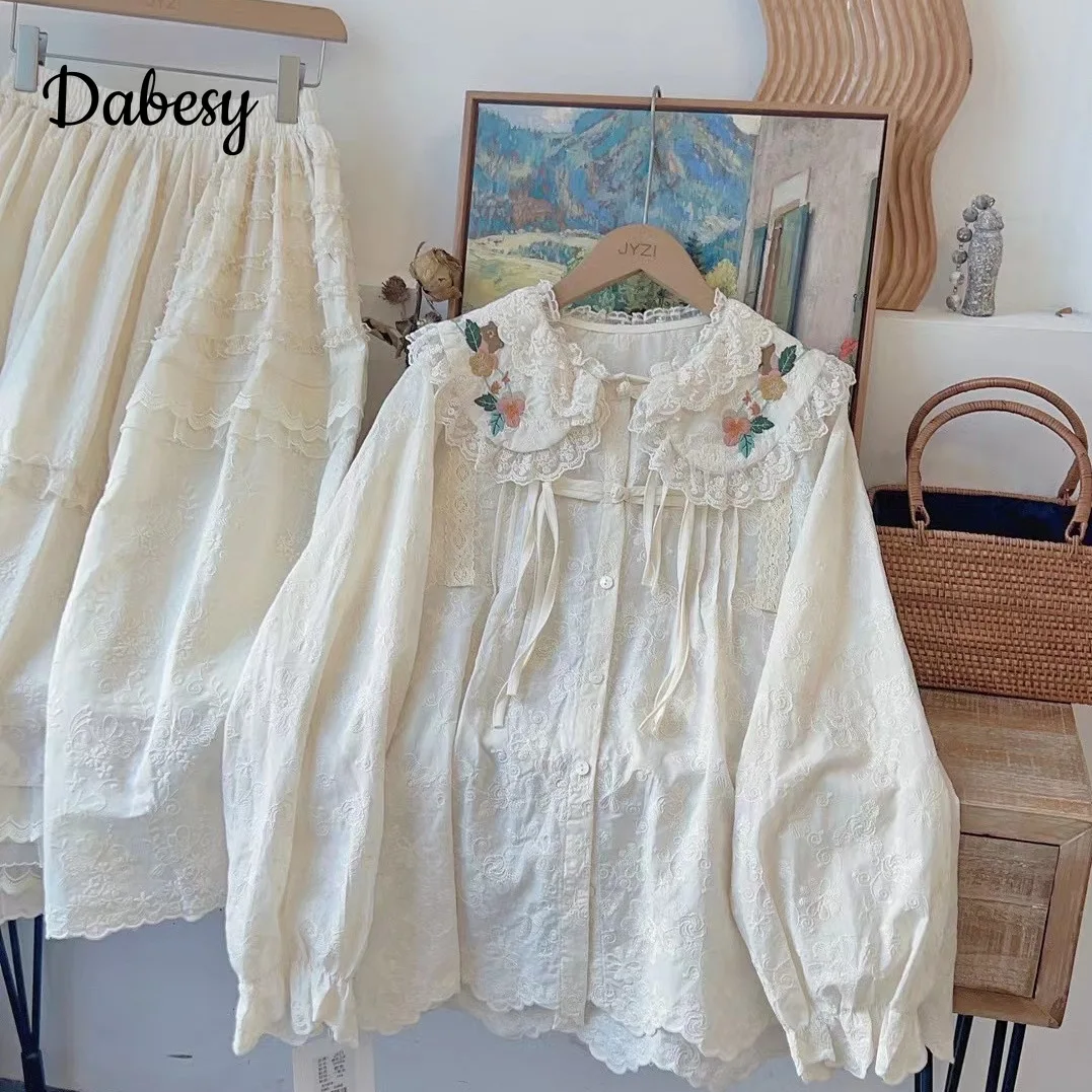 Vintage Embroidery Peter Pan Collar Cotton Long Sleeve Shirts Women Lace Ruffled Kawaii Lolita Blouses Autumn Mori kei clothing