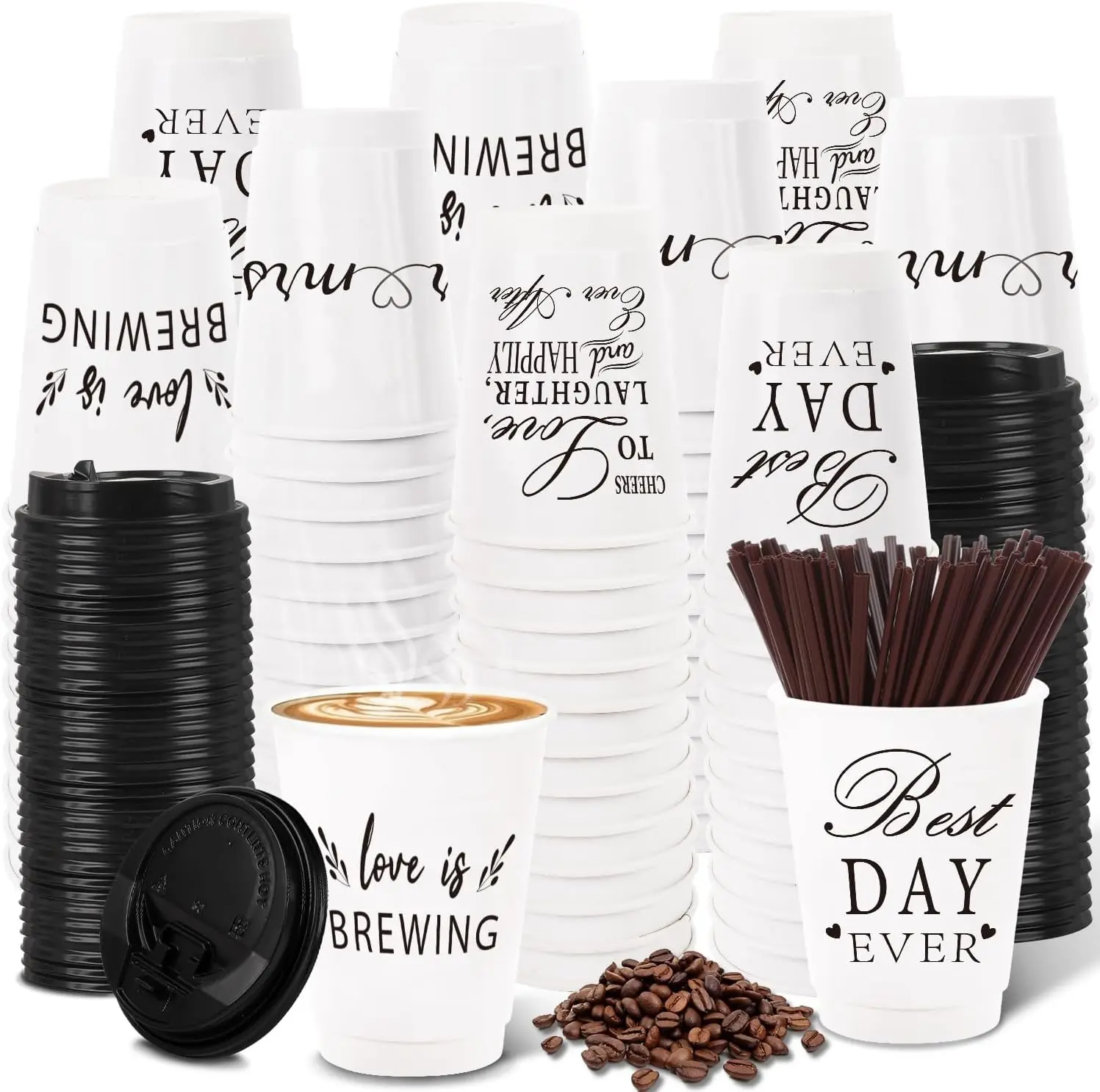 

60 Pack 12oz Wedding Paper Cups Triple-layer with Black Leak Proof Lids and Extra Thick Insulated Beverage Cup for Hot &