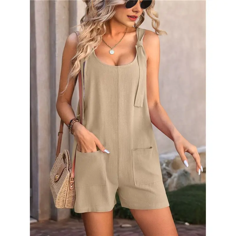 A09P المرأة الصيف بلا أكمام عموما قابل للتعديل فضفاض بذلة الشاطئ رومبير السفر عطلة وتتسابق مع جيوب #3