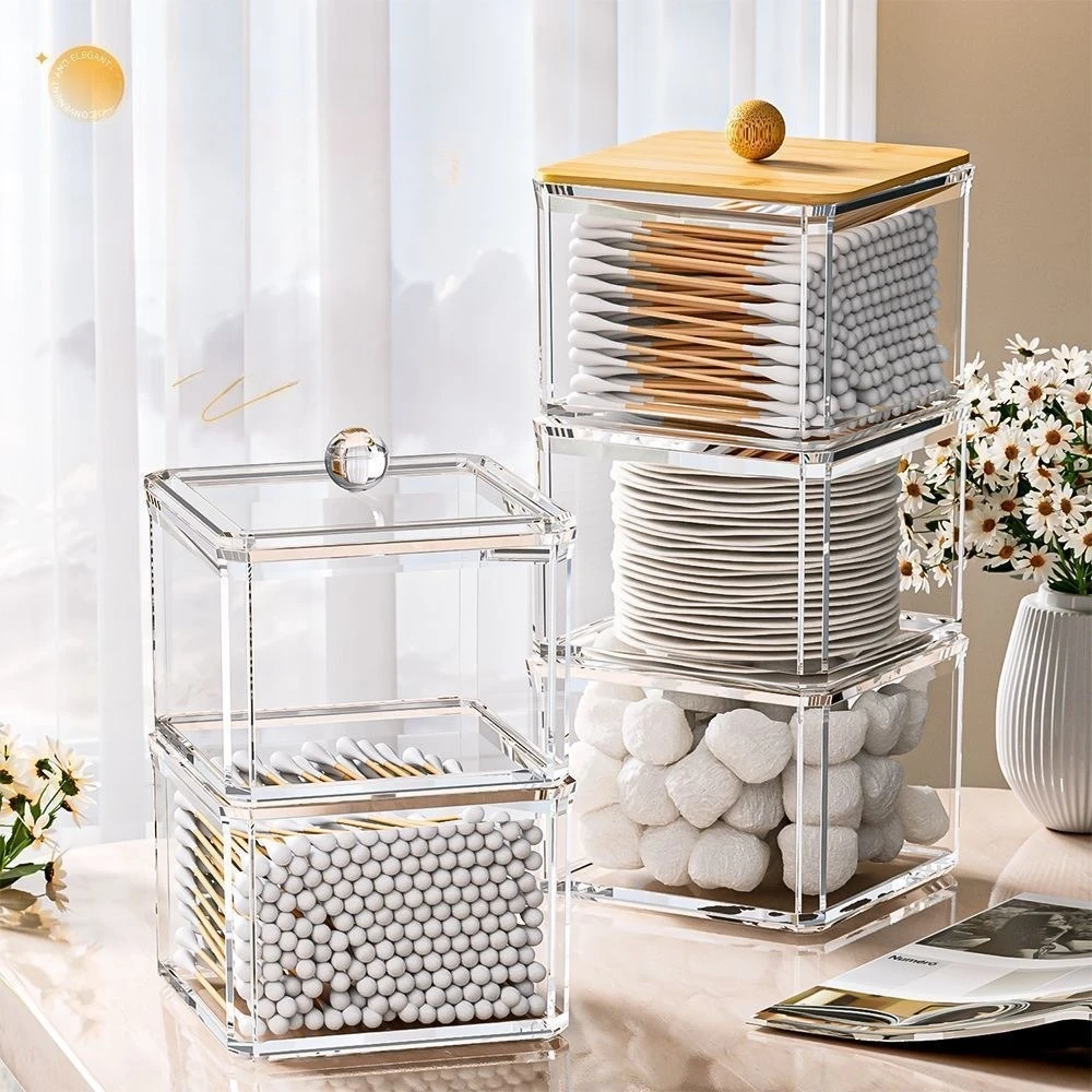 

Acrylic Makeup Organizer Storage Box with Bamboo Lid for Cotton Pads Swabs Bathroom Beauty Countertop Dispenser Jar