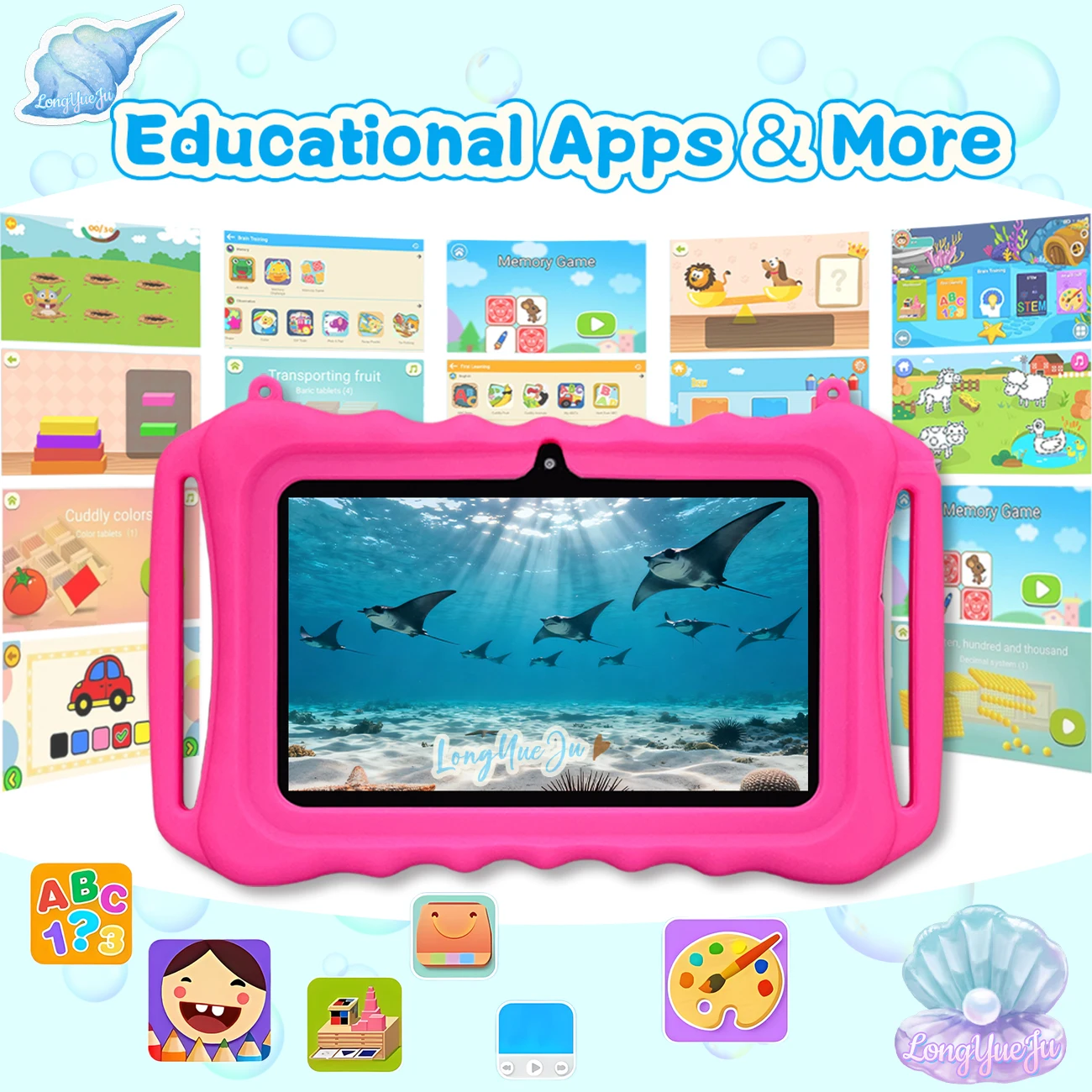 Tablet Android da 7 pollici, 2 GB+32 GB, supportato WiFi, controllo parentale, tablet educativo, custodia protettiva, regalo di festa, blu/rosa