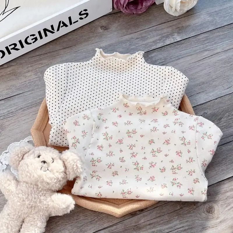 Girls' T-Shirt Spring and Autumn 2025 New Children's Long Sleeve with Middle Collar and Floral Bottom Fashion Clothing Jacket