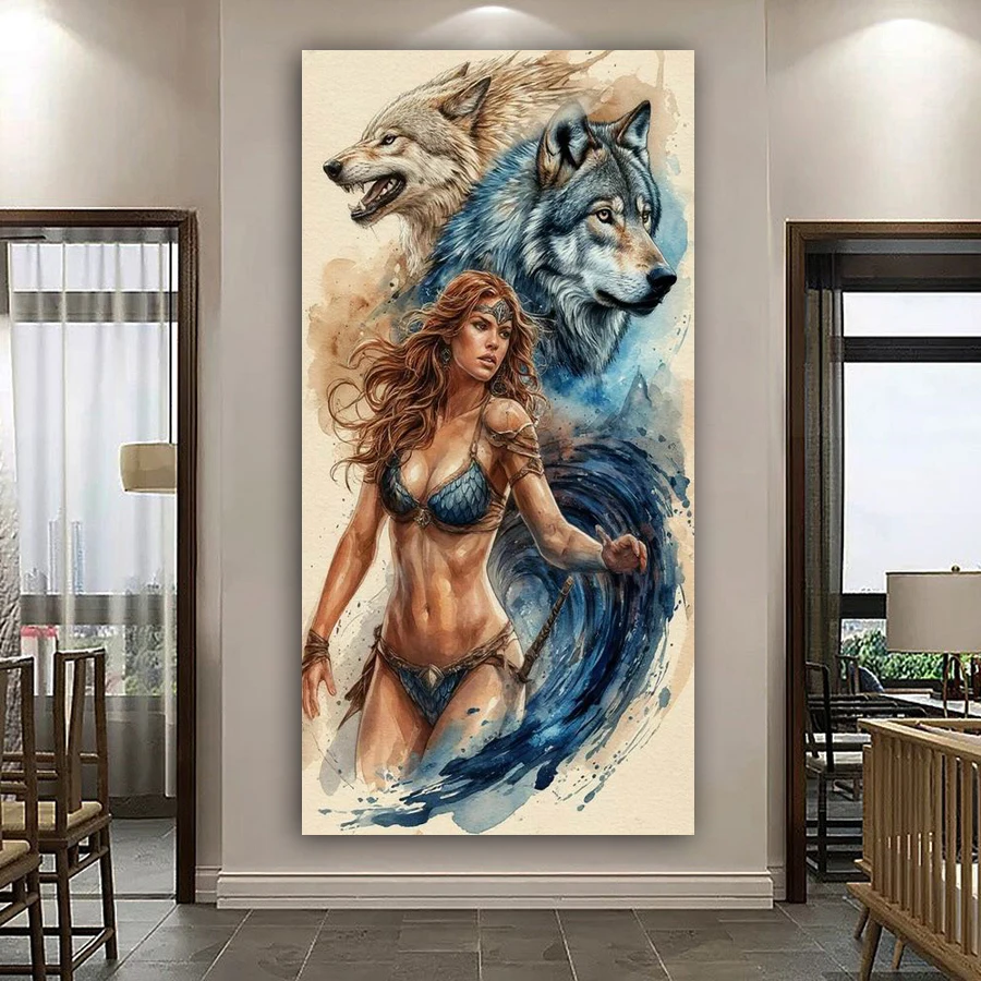 Diy Diamond Mosaic Woman and Wolf Large Size Diamond Painting Kits Animals Full Drill Jewelry Cross Stitch Picture Wall Decor