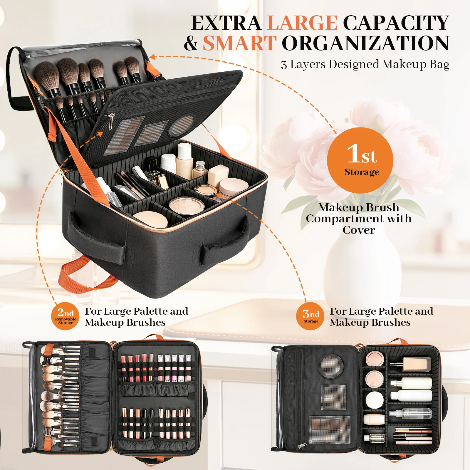 Large Capacity Travel Makeup Case Cosmetic Organizer Brush Backpack with Adjustable Dividers with 4 Storage Box for Women Artist