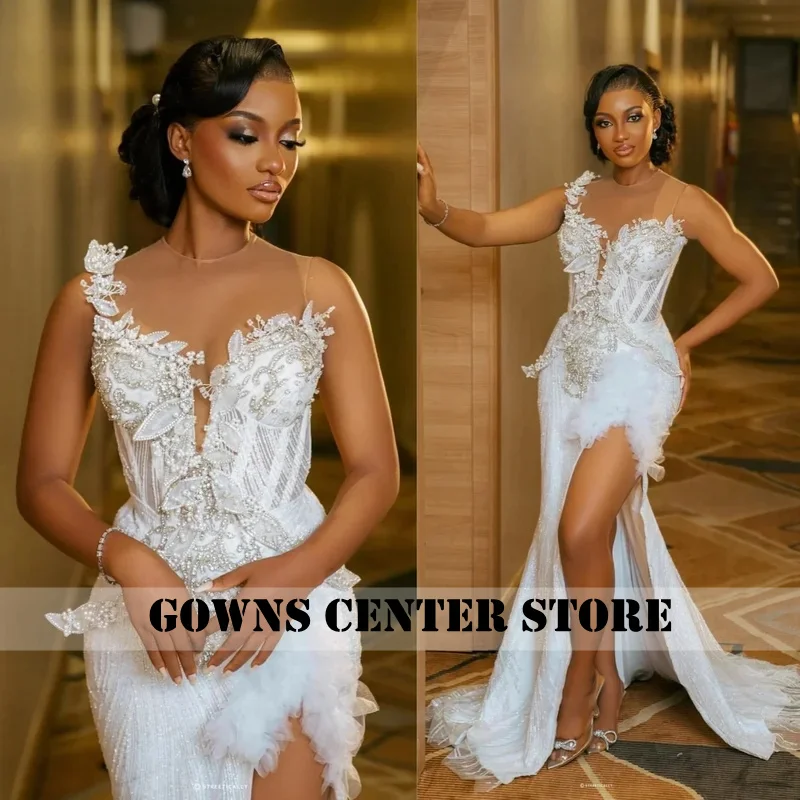 Customized One Shoulder Mermaid Wedding Dress Side Split Lace Decal Elegant Bride Dress Rural Wedding Dress