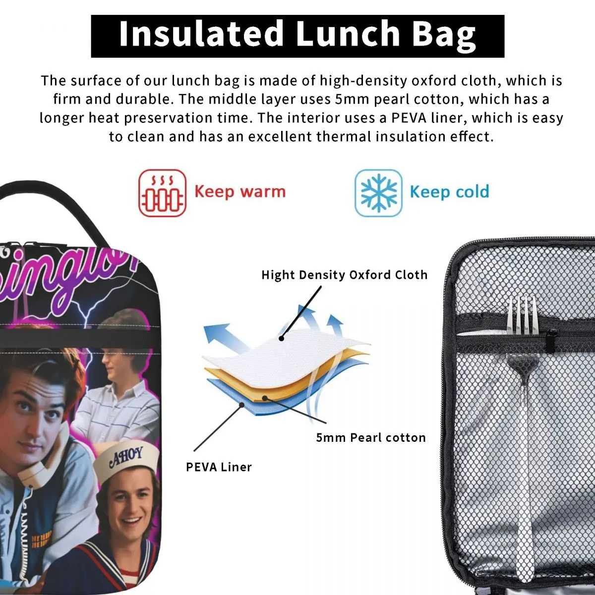 ستيف هارينجتون حقيبة الغداء Kawaii صندوق الغداء للفتيات مكتب حقيبة تبريد محمولة أكسفورد طباعة حمل أكياس الغذاء