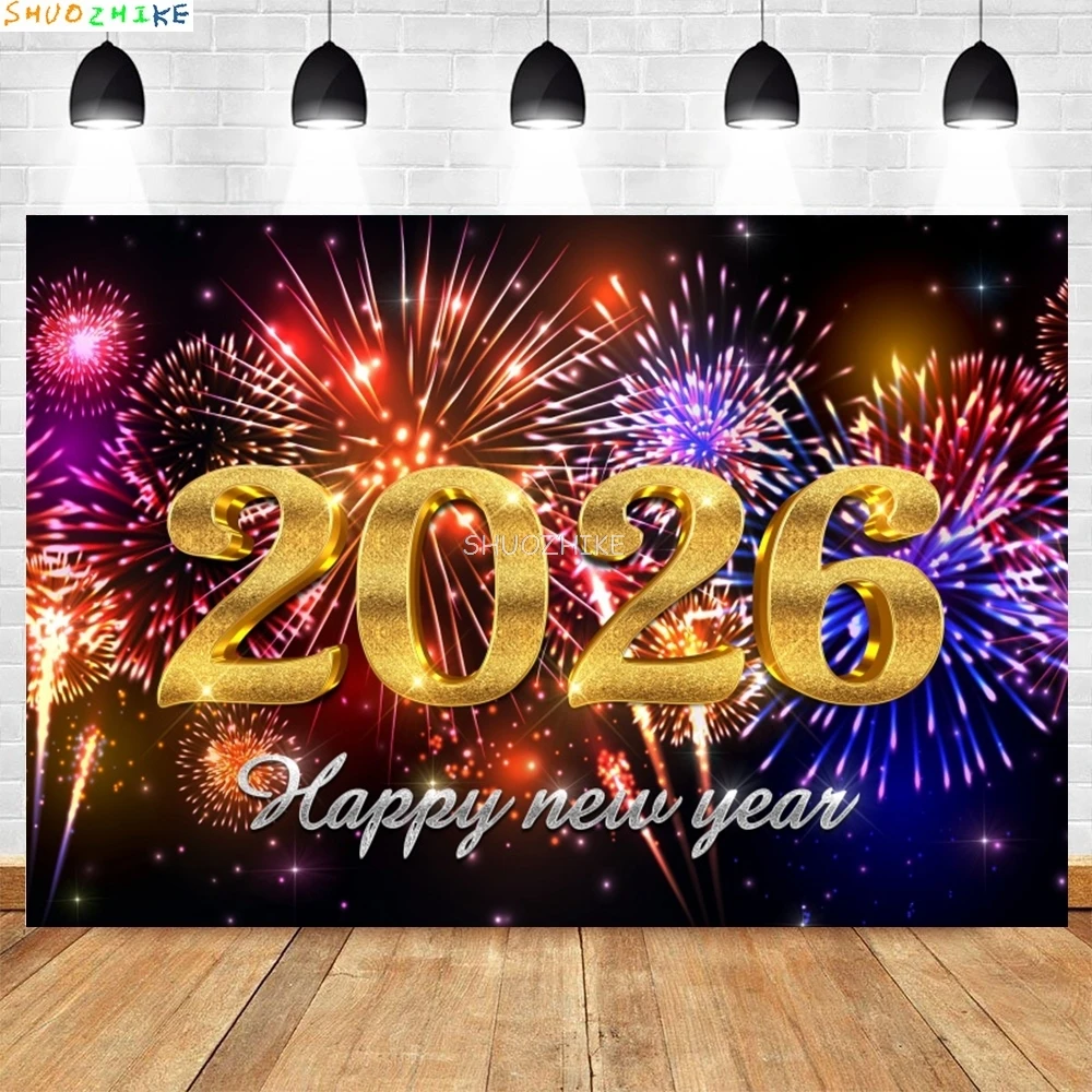 2026 الذهب سنة جديدة سعيدة خلفية بريق ساعة أضواء الشمبانيا بالونات عيد الميلاد الأسرة حفلة التصوير خلفية NY-01 #1
