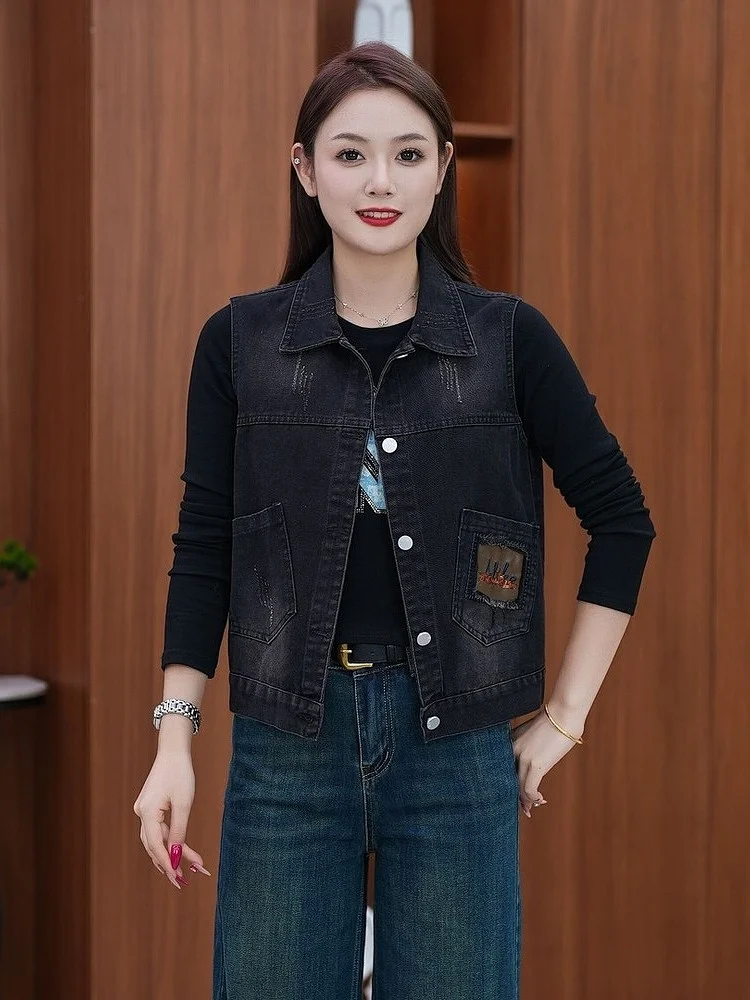 

Sli Simple Lazy Waed Soft Denim Vest Spring Autumn New Retro Jaet Loose Fit Button up No Sve Collar Outerwear