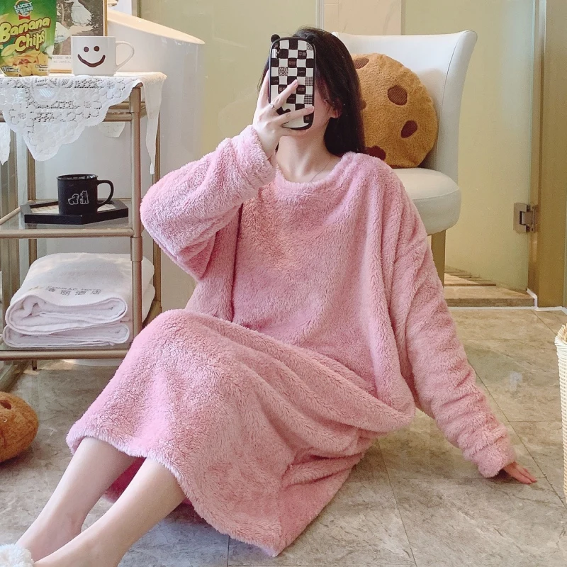 2024 Winter Plus Size Long Sleeve Thick Warm Flannel Nightgowns for Women Korean Loose Sleepwear Night Dress Nightdress Nighty