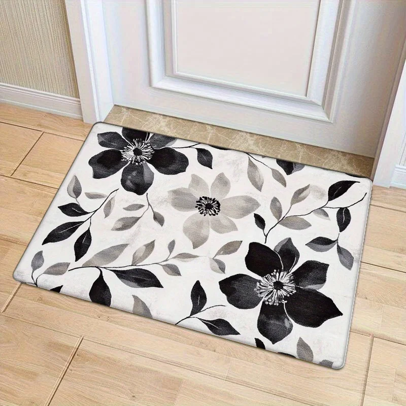 1pc Black and grey floral pattern doormats, made of polyester, machine washable, suitable for entryways and foyer.