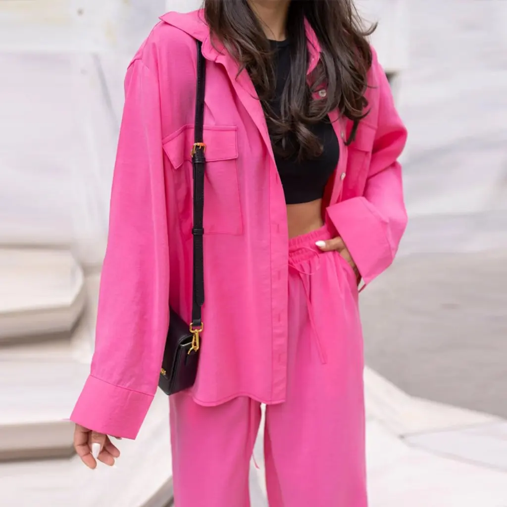 

Women's European And American Style Long-Sleeved Trousers Shirts Set Solid Color Loose Fit Casual Fashion for Spring/Fall