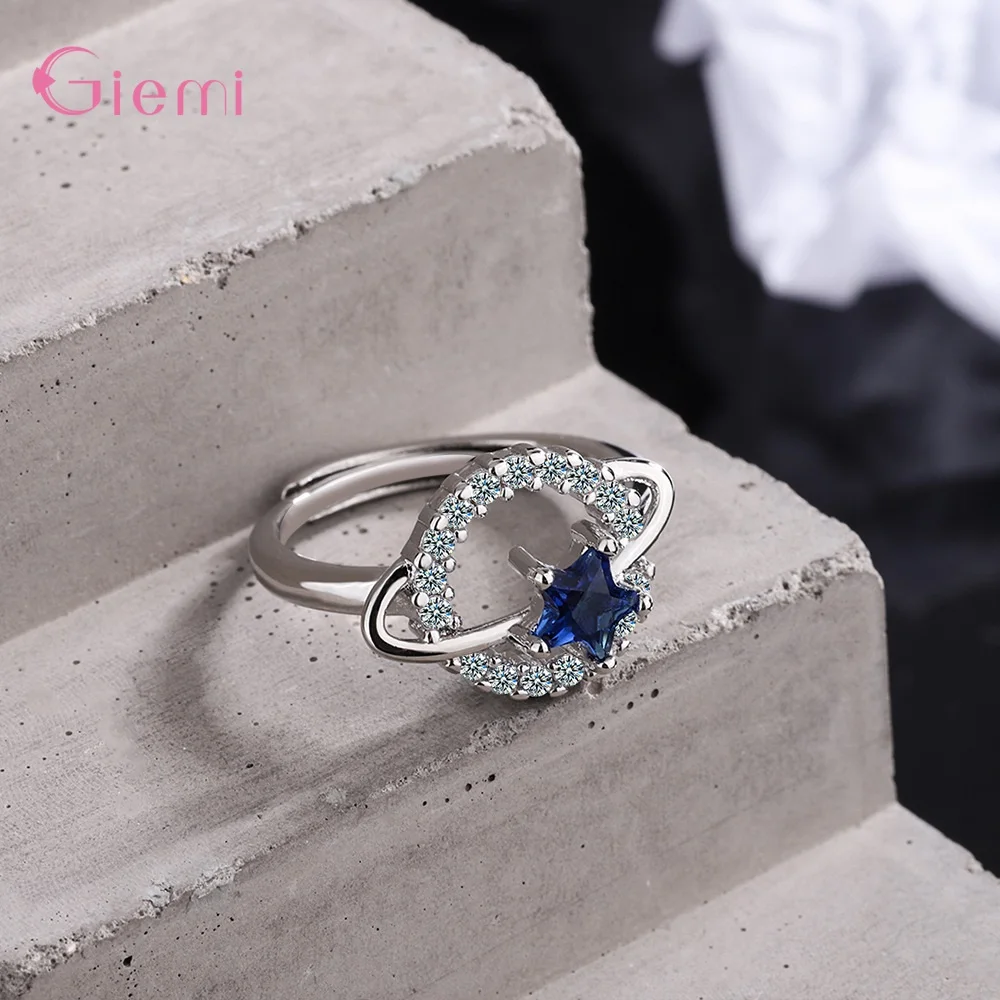 925 Sterling Silver Jewelry Women Opening Band Adjustable Finger Ring Shiny Cubic Zircon Crystal Star Universe Fashion Pattern