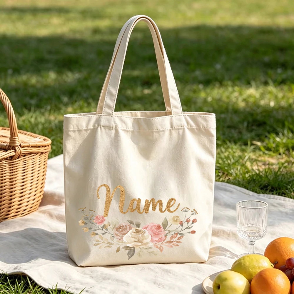 Personalized Watercolor Flowers Canvas Tote Bags Custom Handwritten Name Floral Grocery Shopping Bag for Women Bridesmaids Gifts