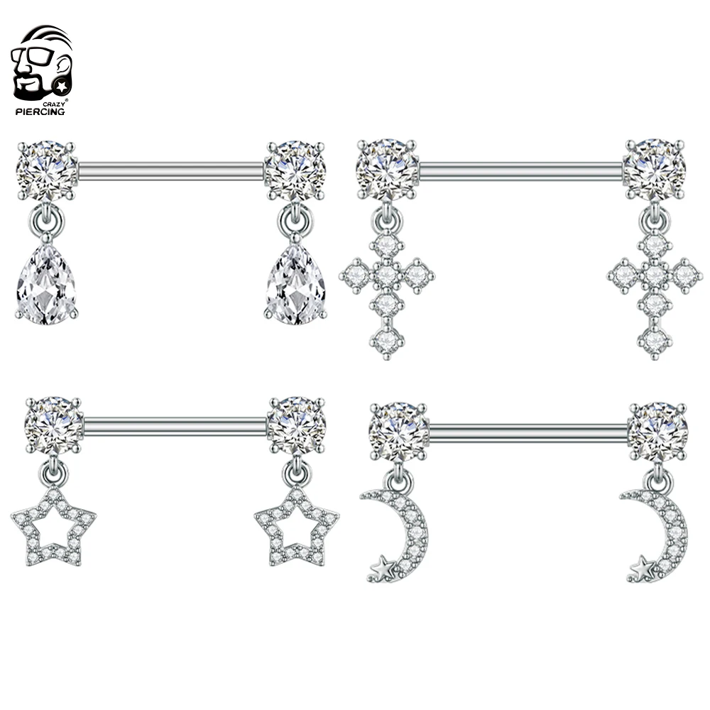 2pcs Cross Star Zircon Dangled Shield Bar Nipple Rings for Women 14G Surgical Steel Cute Cat Lizard Maple Leaves Nipple Piercing