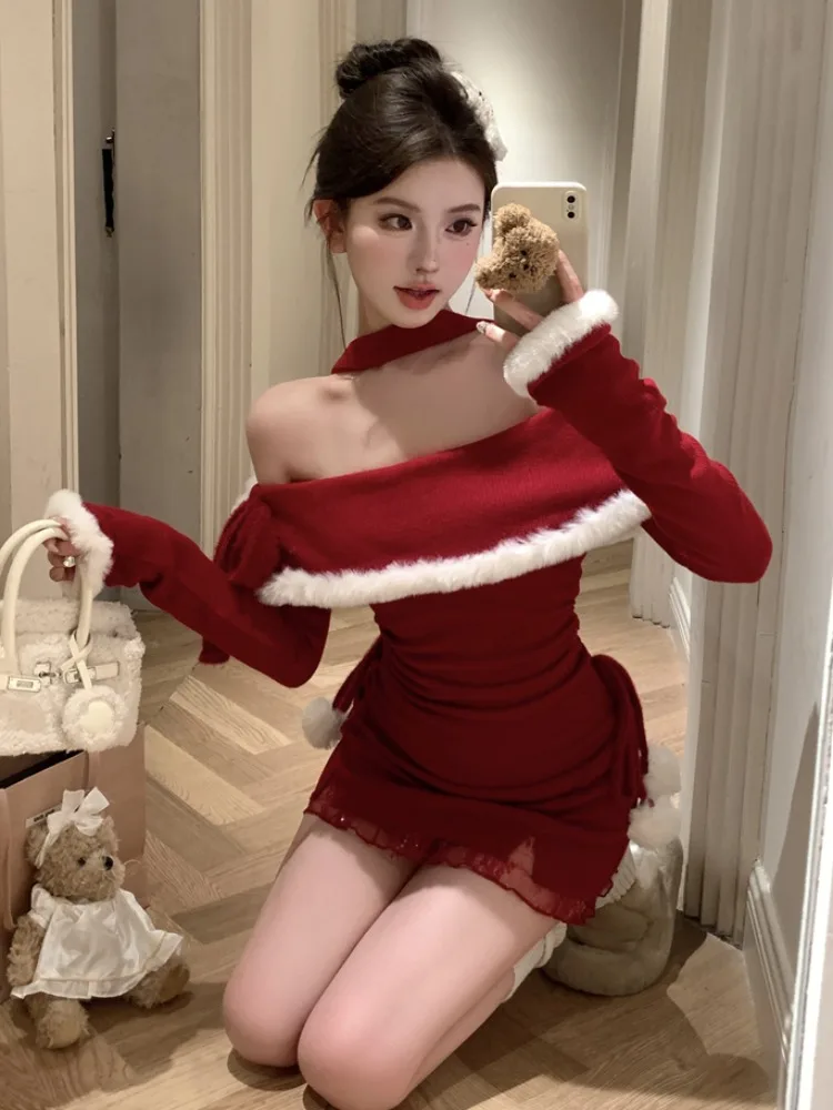 

Red Lace Wrap Dress Sexy One Shoulder Neck Hanging Christmas Theme Women's Early Autumn New Style Commute Simple Style Short ...