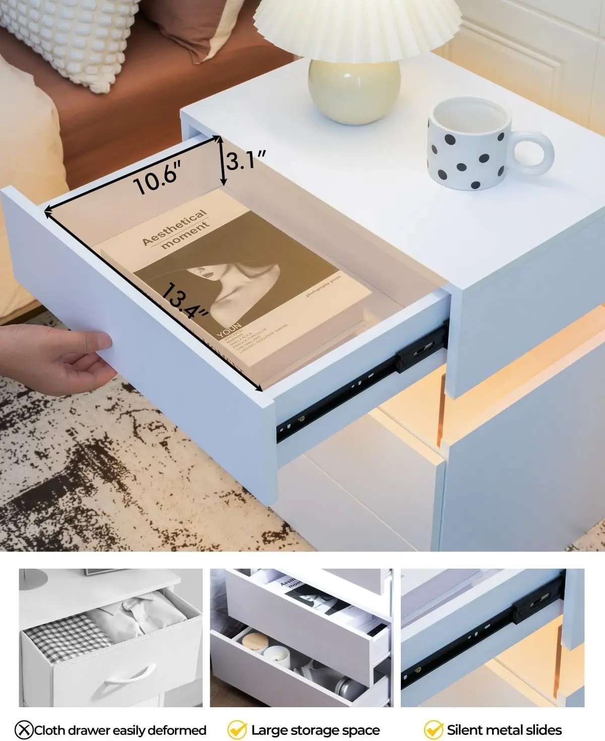 2 LED ナイトスタンド ホワイト 銃引き出し付き ベッドサイド テーブル 2 個セット ホワイト LED ライト 寝室用 ホワイト