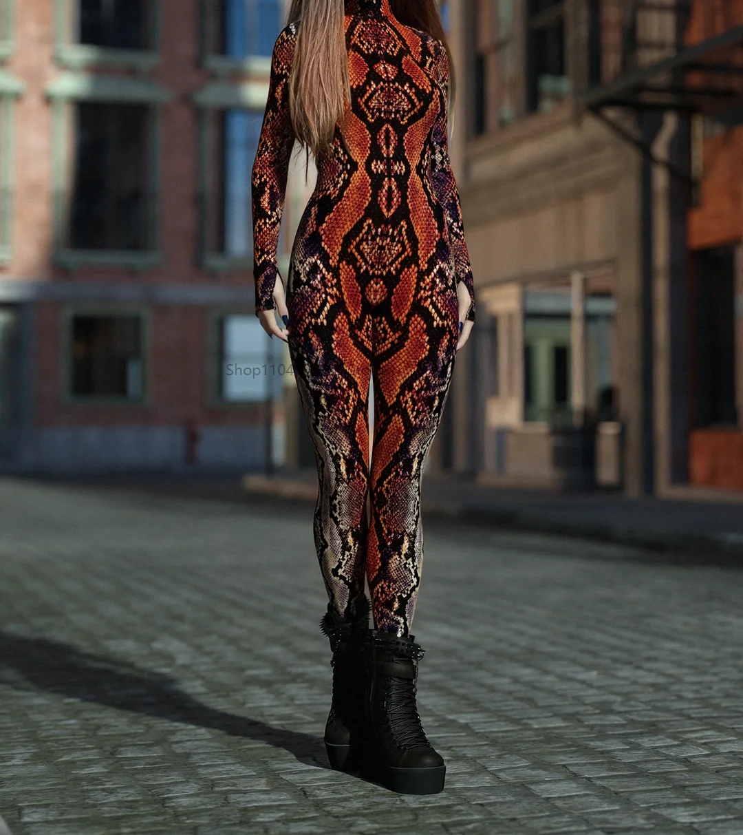레드 MF 의상 3D 동물 뱀 피부 인쇄 코스프레 점프 슈트 의상 카니발 파티 사이버 Catsuit 여성 의상 바디 슈트