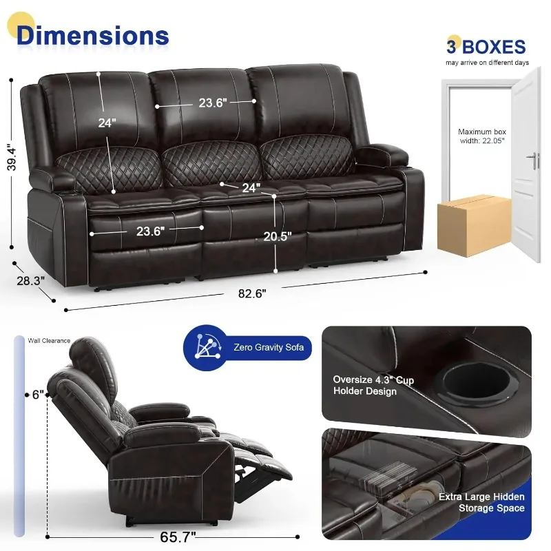 3 Seat Recliner Sofa with Console, Armrest, PU Leather, Cup Holders, USB Ports, Living Room/RV, Customized